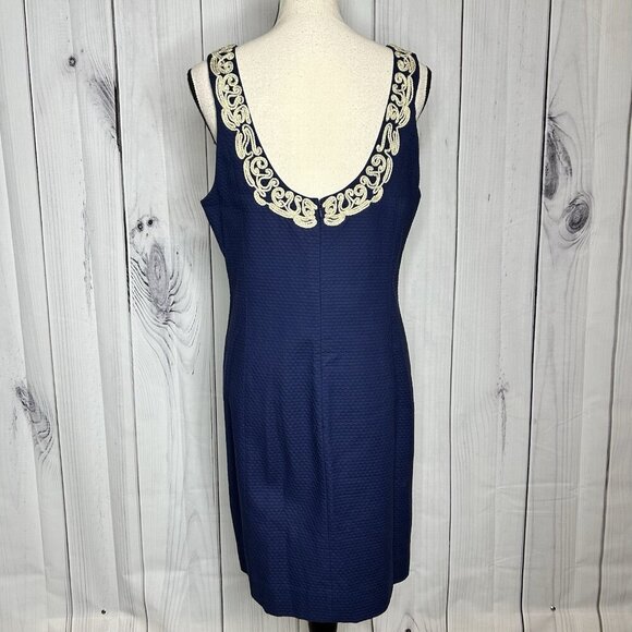 Lilly Pulitzer Suzette Shift Dress Size 12 True Navy Gold Trim Detail V-Neck - Picture 9 of 13
